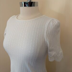 Sézane White Pointelle Lace Trim Sleeves T Shirt S